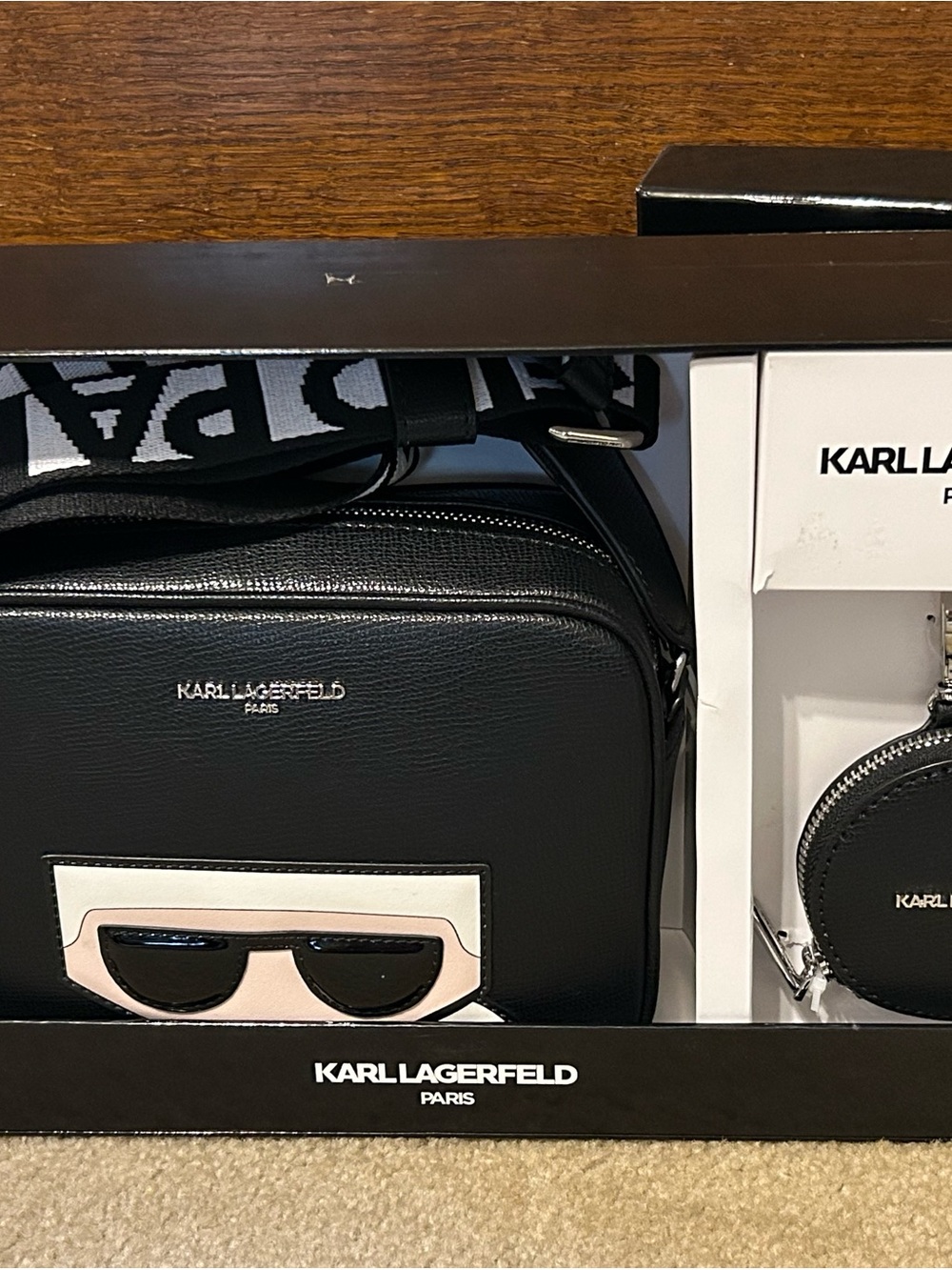 Karl Lagerfeld Black & white Maybelle set Crossbody guitar Strap and coin purse